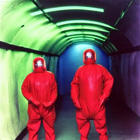 Two Scientists Wearing Red Rick Owens Hazmat Suits In Stable