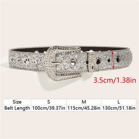 Silvery Hip Hop Wide Belt Shiny Rhinestone Sequins Decor Y2k Temu