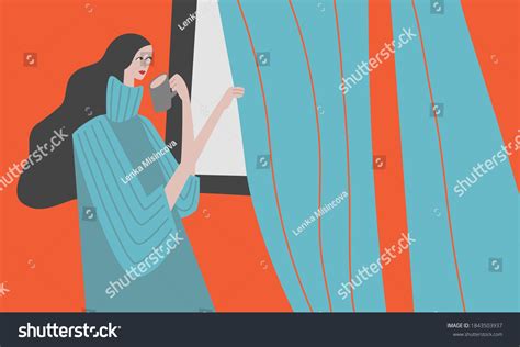 Young Woman Looking Out Window Holding Stock Vector Royalty Free