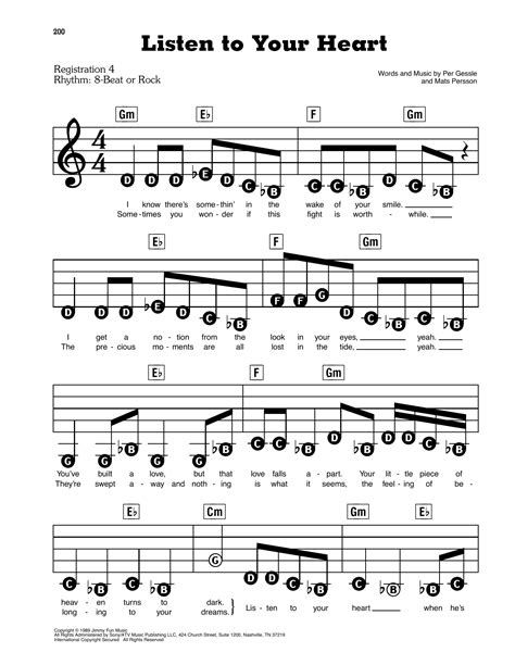 Listen To Your Heart By Roxette Sheet Music For E Z Play Today At Sheet