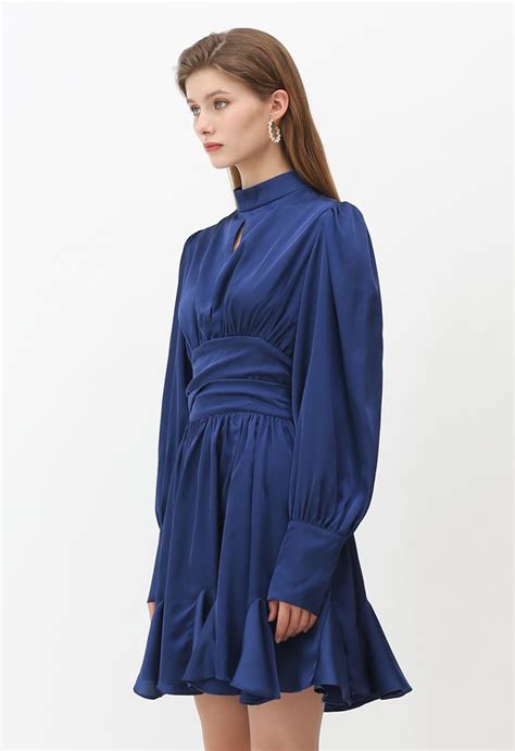 High Neck Puff Sleeves Satin Ruffle Dress In Navy Retro Indie And