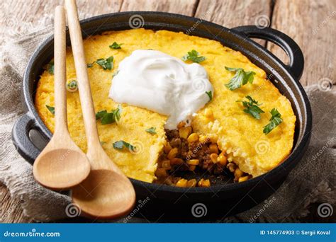 Homemade Tamale Pie Casserole With Corn And Ground Beef And Cheese