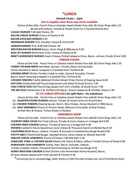 Menu At The Horseshoe Cafe Benson 154 E 4th St