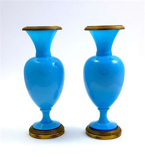 A Pair Of Antique French Charles X Blue Opaline Crystal Glass Vases