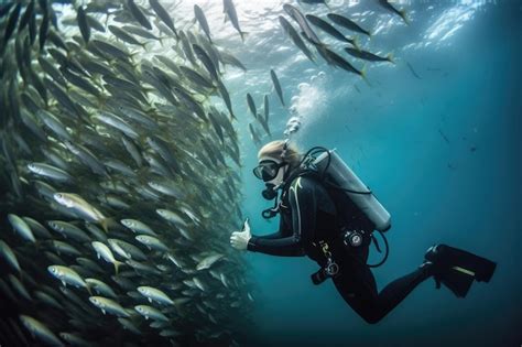 Premium Ai Image Diver Exploring The Depths Of Ocean With Schools Of