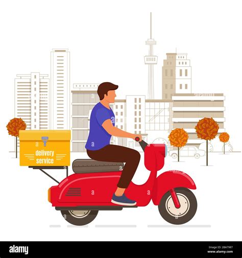 Delivery Man Riding Red Scooter In The City Stock Vector Image And Art