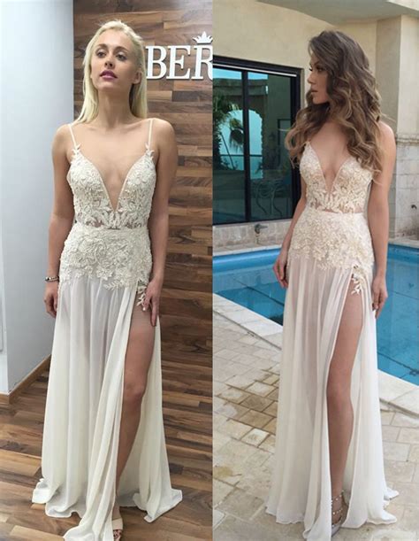 Sexy Thigh High Slits Beach Wedding Dresses 2017 Deep V Neck Spaghetti Straps Chiffon Bridal