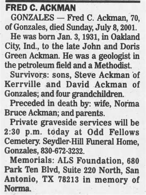 Fred Clarence Ackman 1931 2001 Find A Grave Memorial