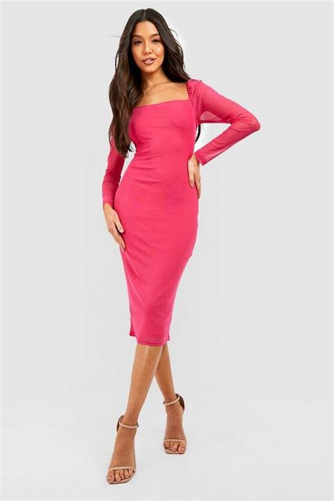 Basic Square Neck Mesh Midi Dress Boohoo Uk