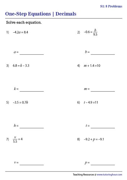 One Step Equations Involving Decimals Worksheets