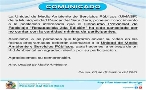 Comunicado Diciembre 2021 Mppss Campañas Municipalidad Provincial De Paúcar Del Sara Sara