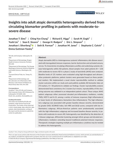 Pdf Insights Into Adult Atopic Dermatitis Heterogeneity Derived From Circulating Biomarker