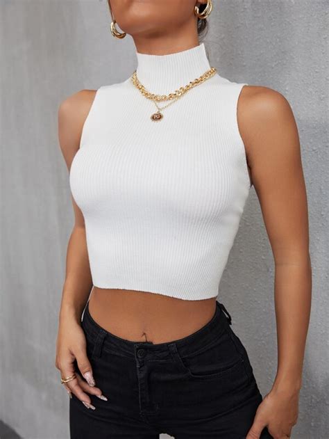 Shein Essnce Top Corto De Cuello Cisne Tejido De Canalé Sin Manga