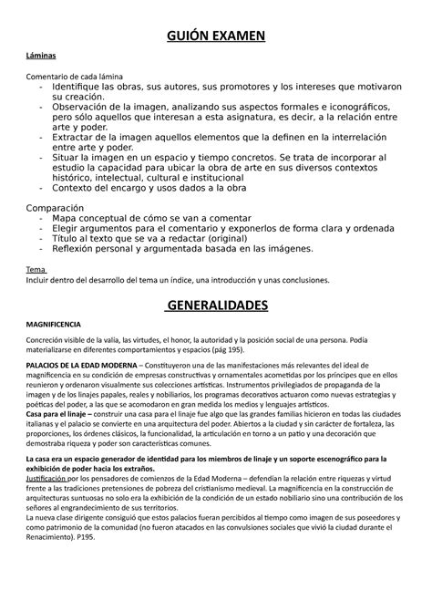 Apuntes ARTE Y Poder EDAD Moderna GUIÓN EXAMEN Láminas Comentario de