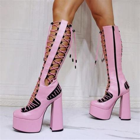 Women S Platform Shoes Knee High Boots Lace Up Block Heel Summer Boots Pump Club Ebay