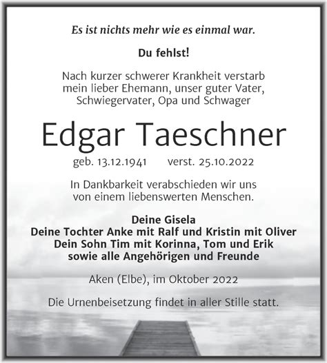 Traueranzeigen Von Edgar Taeschner Abschied Nehmen De