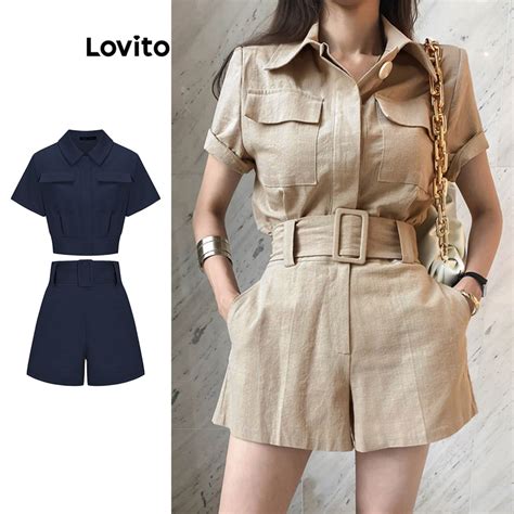 Lovito Casual Conjunto Feminino Liso De Shorts Cinto Bolso E O