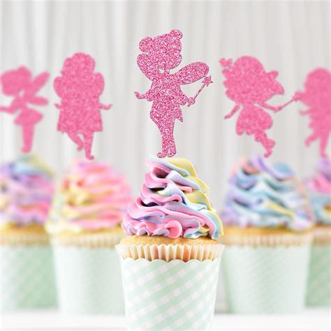 Migeaks 12pcs Pink Glitter Fairy Cupcake Topper With Wing Angel Fairy