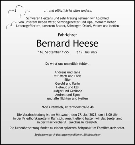 Traueranzeigen Von Bernard Heese Nordwest Trauer De