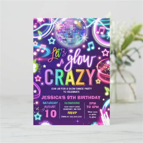 Neon Glow Crazy Disco Dance Birthday Party Invitation Zazzle