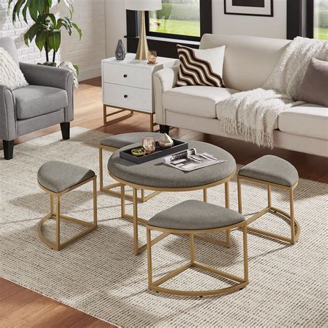 Weston Home Lilas Round Coffee Table with Nesting Stools, Grey/ Gold ...