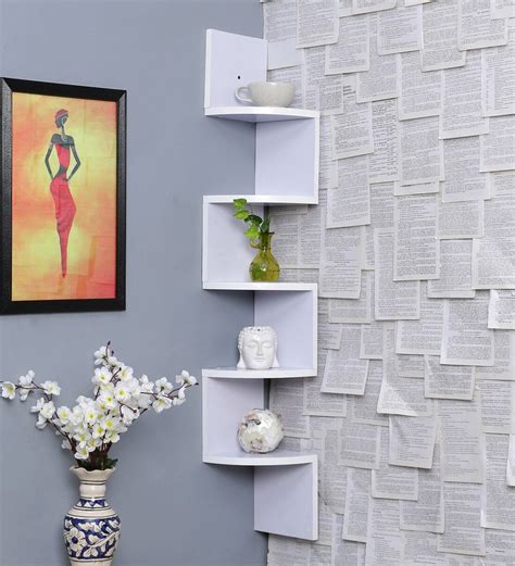 Buy Engineered Wood Zigzag Corner Wall Shelf In White Colour By