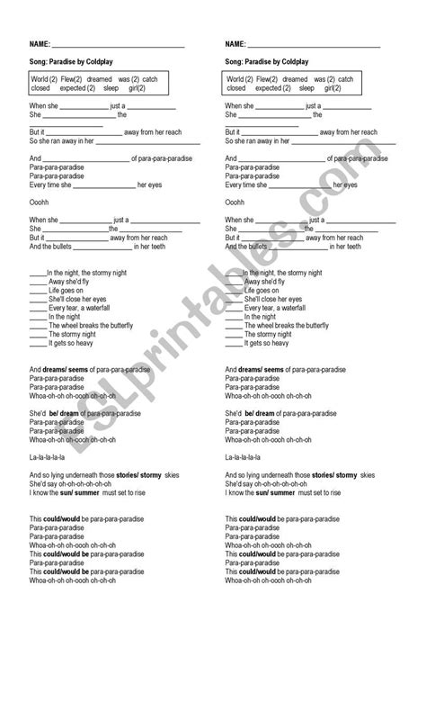 Paradise Coldplay ESL Worksheet By Diamicar