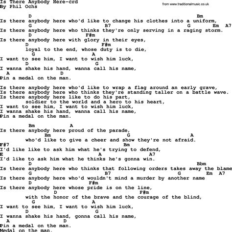 Phil Ochs Song Is There Anybody Here Lyrics And Chords Lyrics And Chords Songs Lyrics