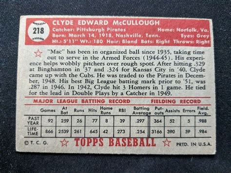 Topps Baseball Card Clyde Mccullough Pittsburgh Pirates