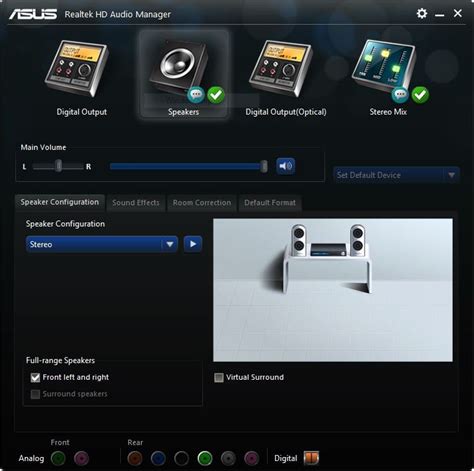 Configure asus realtek audio manager to plug speakers into the ...