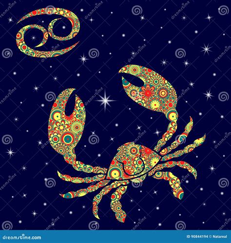 Zodiac Sign Cancer With Variegated Flowers Fill Over Starry Sky Vector