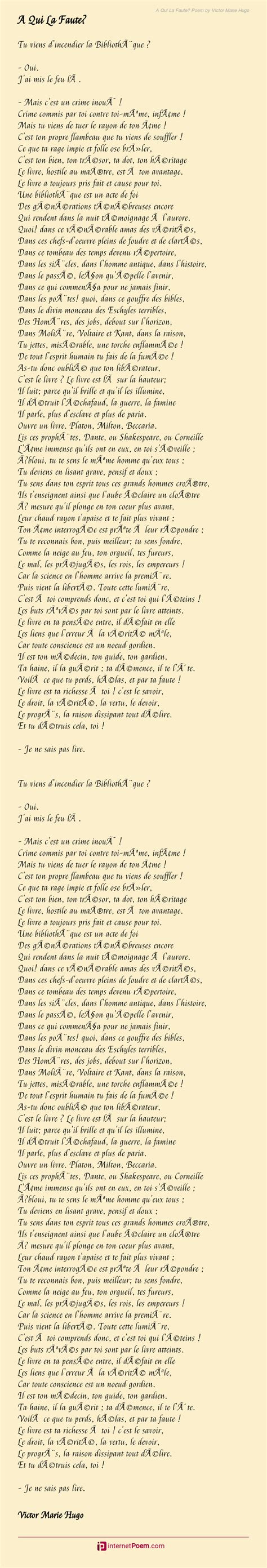 A Qui La Faute Poem By Victor Marie Hugo