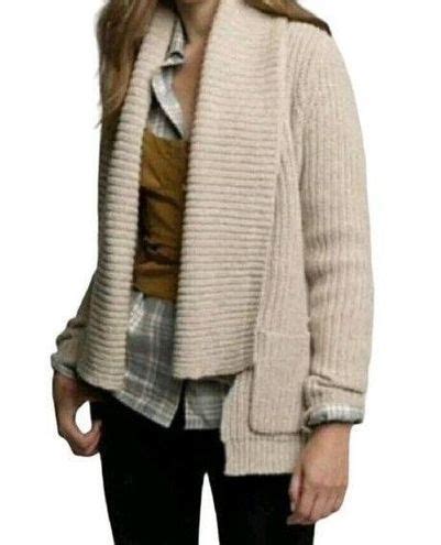 J Crew Womens Lambs Wool Ribbed Knit Cardigan Sweater M Beige Open