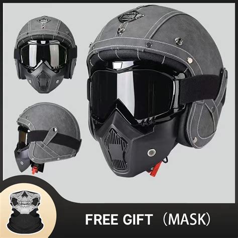 DOT Sertifikal Kask Motosiklet Kask PU Deri Retro Kask Motosiklet