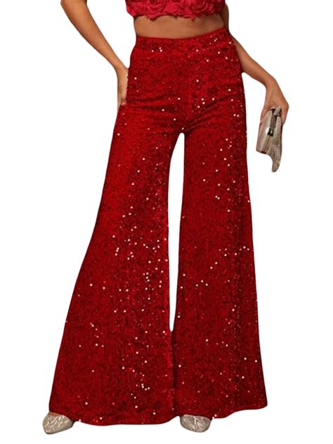 Women Sequin Bell Bottom Pants Glitter Sparkle High Waist Wide Leg