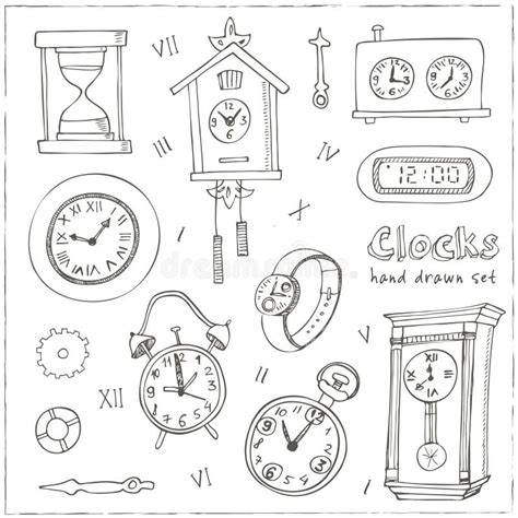 Set Of Doodle Sketch Clocks And Watches Stock Vector Illustration Of