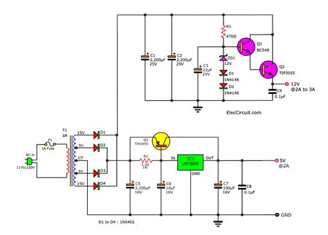 12V 5V Dual Power Supply Circuit Diagram 3A max | ElecCircuit