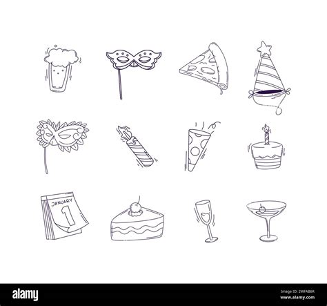 Happy New Year Party Celebration Doodle Line Art Vector Set