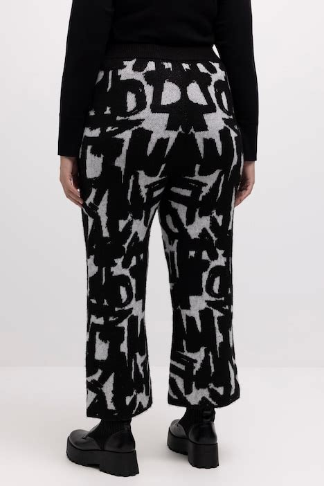 Bold Graphic Letter Elastic Waist Wide Leg Jacquard Knit Culottes Comfort Pants Pants