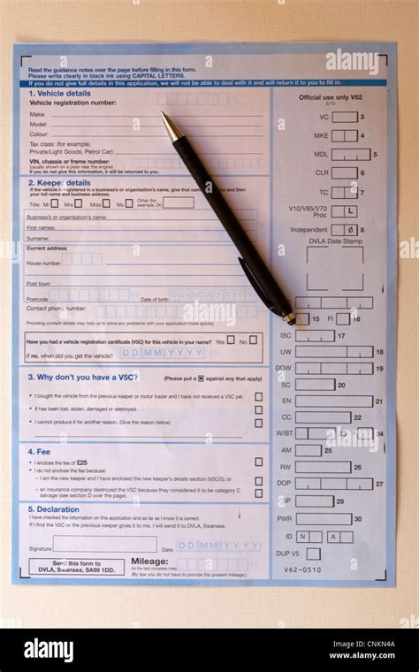 Getting Ready To Complete A V62 Dvla Form To Get A V5c Document Stock