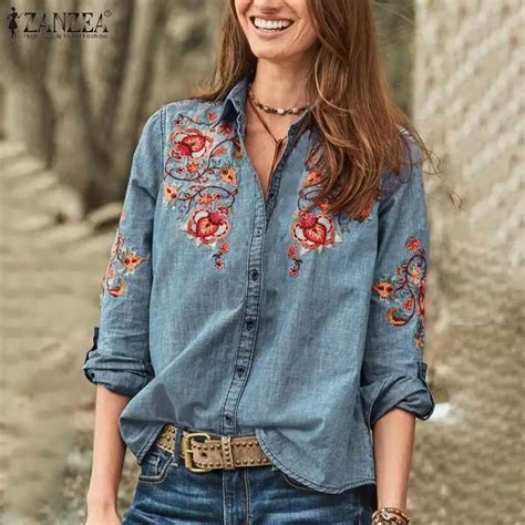 2021 Zanzea Women Vintage Embroidered Blouse Autumn Long Sleeve Denim