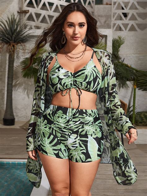 Shein Swim Vcay Plus Tropical Print Drawstring Bikini Swimsuit With