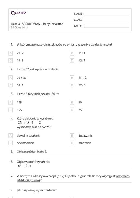 Ponad Dzielenie Z Reszt Arkuszy Roboczych Dla Klasa W Quizizz