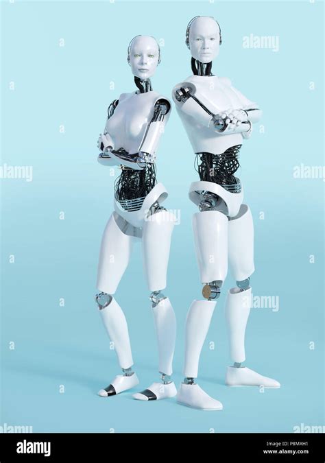 3d Rendering Of A Male And A Female Robot Standing And Posing Looking