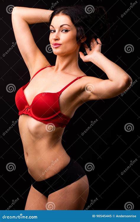 Portrait Of Brunette Woman In Red And Black Underwear On A Stock Image Image Of Glamour
