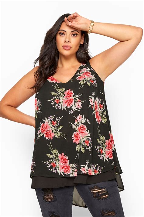 Black Floral Double Layer Chiffon Top Yours Clothing