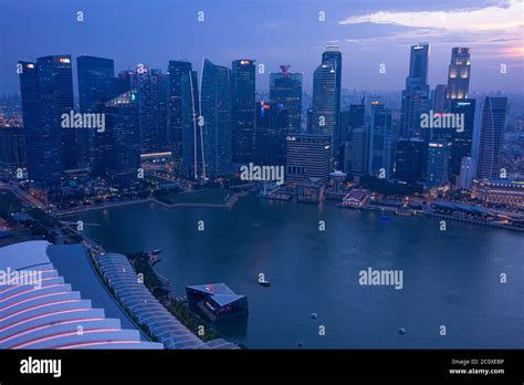 Aerial Night View Of The Skyline Of Singapores Downtown Viewed From