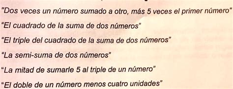 Solved Lenguaje Algebraico Dos Veces Un Número Sumado A Otro Más 5 Veces El Primer Número