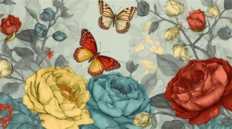 Hay Muchas Flores Y Mariposas De Diferentes Colores En La Pared Ai