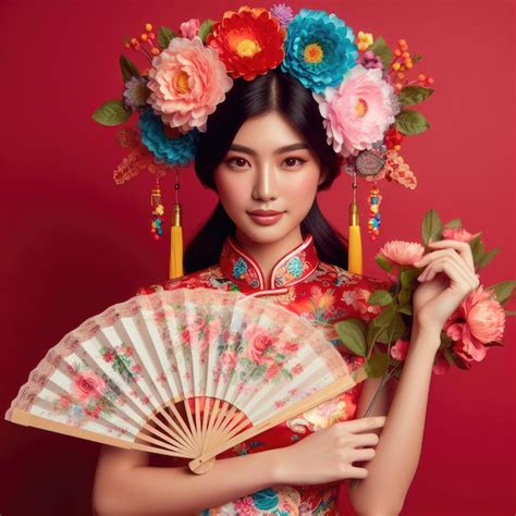 Premium Ai Image Beautiful Asian Woman Holding Fan Wearing Traditional Cheongsam Dress